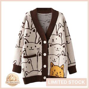Oversized V-Neck Cardigan Kawaii Cat Print Knitted Loose Fit Y2K Chic